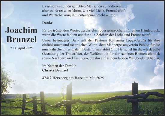 Traueranzeige von Joachim Brunzel von Harz Kurier