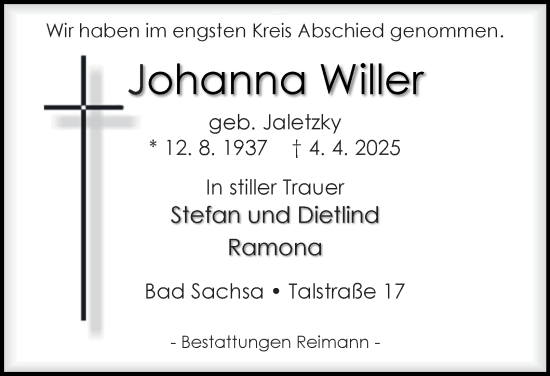 Traueranzeige von Johanna Willer von Harz Kurier