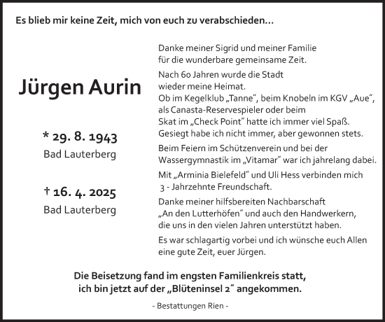 Traueranzeige von Jürgen Aurin von Harz Kurier