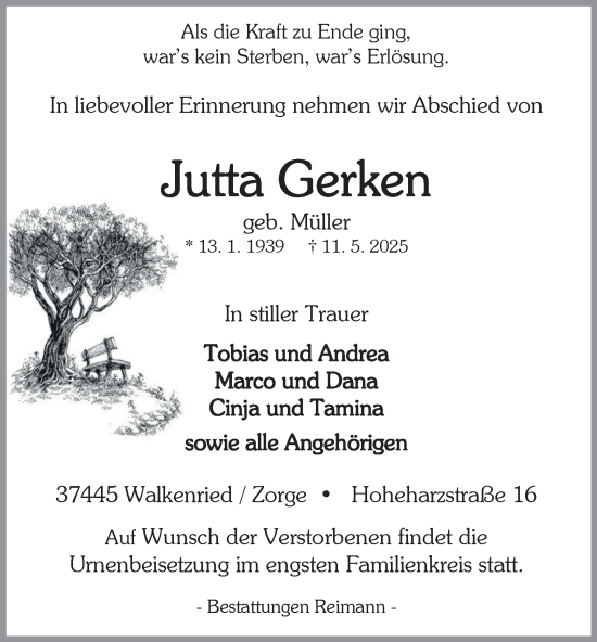 Traueranzeige von Jutta Gerken von Harz Kurier