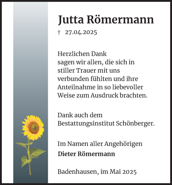 Traueranzeige von Jutta Römermann von Harz Kurier