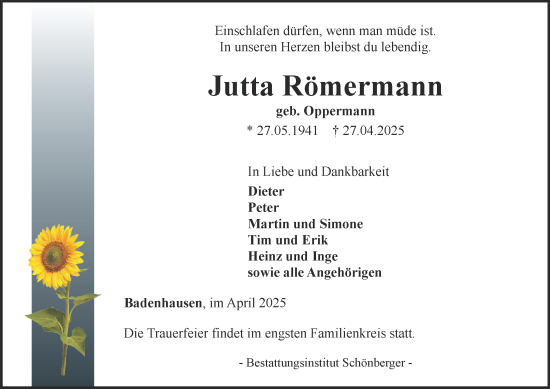 Traueranzeige von Jutta Römermann von Harz Kurier