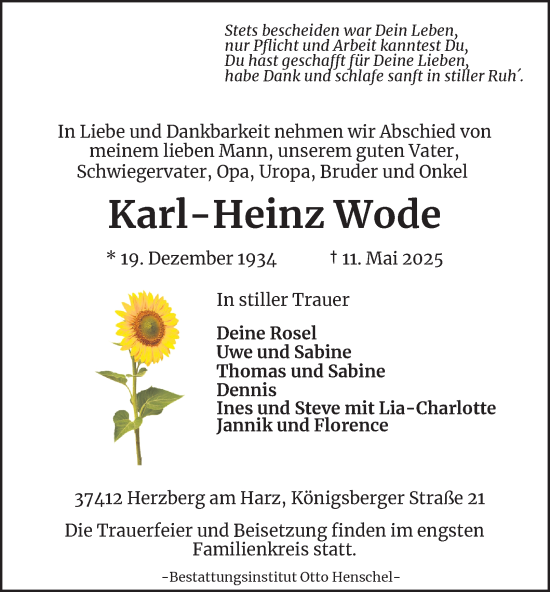 Traueranzeige von Karl-Heinz Wode von Harz Kurier