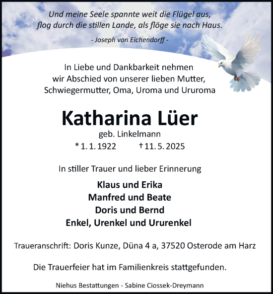 Traueranzeige von Katharina Lüer von Harz Kurier