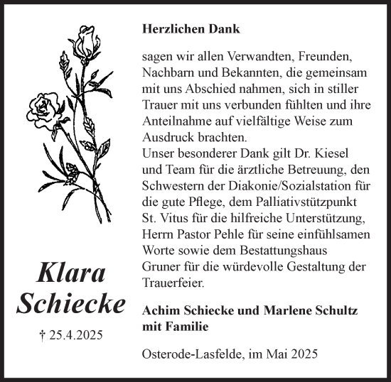Traueranzeige von Klara Schiecke von Harz Kurier