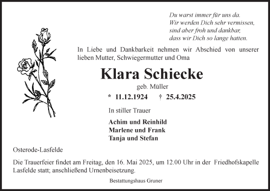 Traueranzeige von Klara Schiecke von Harz Kurier