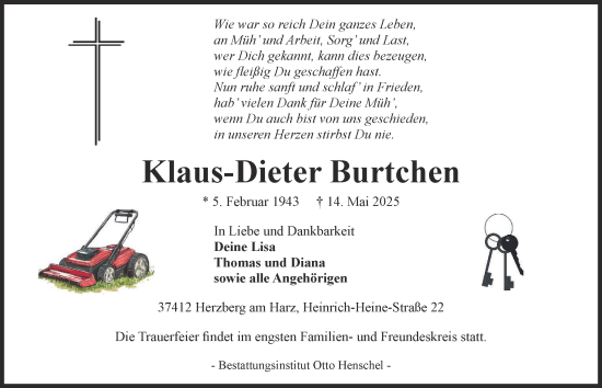 Traueranzeige von Klaus-Dieter Burtchen von Harz Kurier
