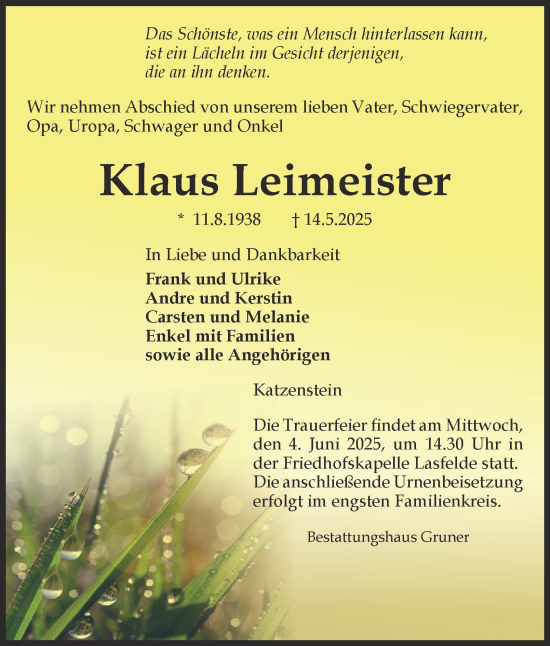 Traueranzeige von Klaus Leimeister von Harz Kurier