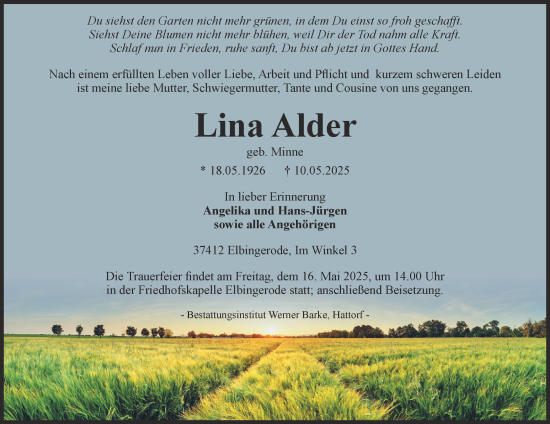 Traueranzeige von Lina Alder von Harz Kurier