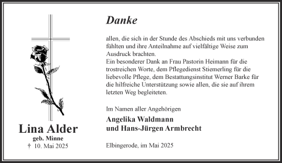 Traueranzeige von Lina Alder von Harz Kurier