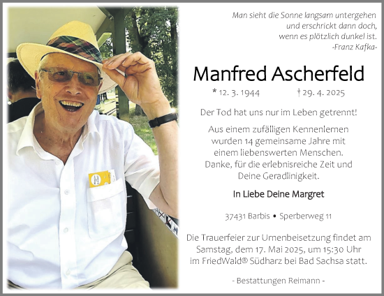 Traueranzeige von Manfred Ascherfeld von Harz Kurier
