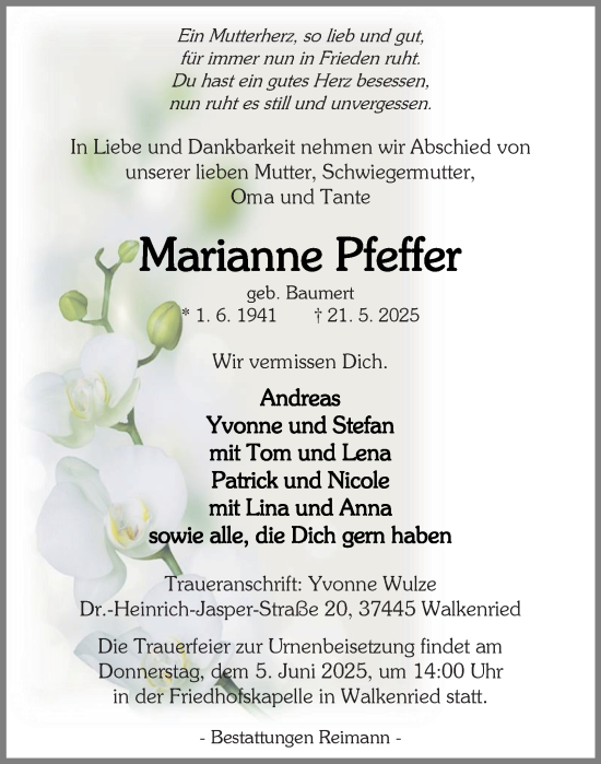 Traueranzeige von Marianne Pfeffer von Harz Kurier
