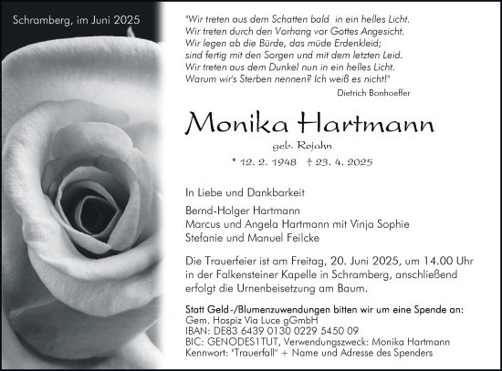 Traueranzeige von Monika Hartmann von Harz Kurier