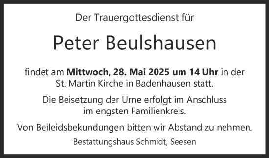 Traueranzeige von Peter Beulshausen von Harz Kurier