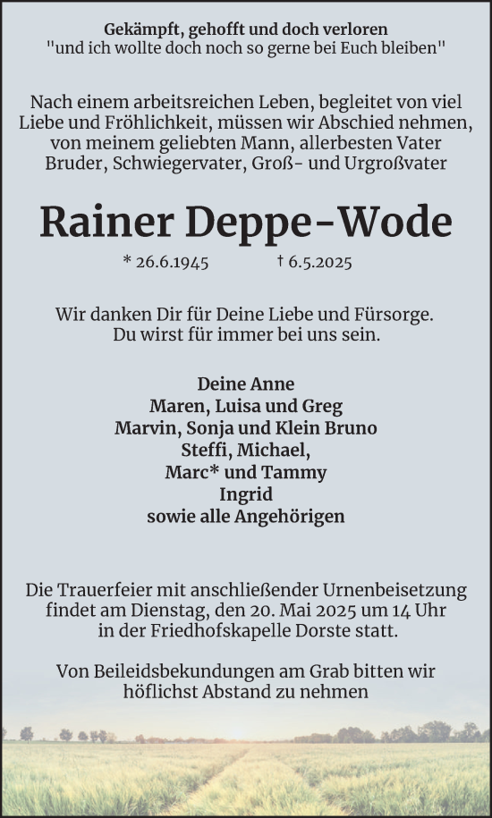Traueranzeige von Rainer Deppe-Wode von Harz Kurier