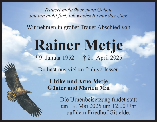 Traueranzeige von Rainer Metje von Harz Kurier