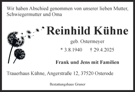 Traueranzeige von Reinhild Kühne von Harz Kurier