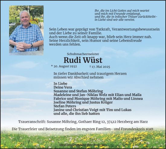 Traueranzeige von Rudi Wüst von Harz Kurier