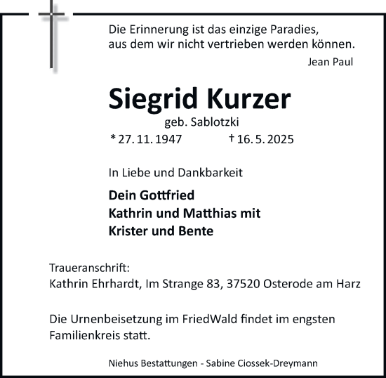 Traueranzeige von Siegrid Kurzer von Harz Kurier