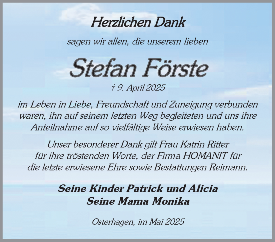 Traueranzeige von Stefan Förste von Harz Kurier