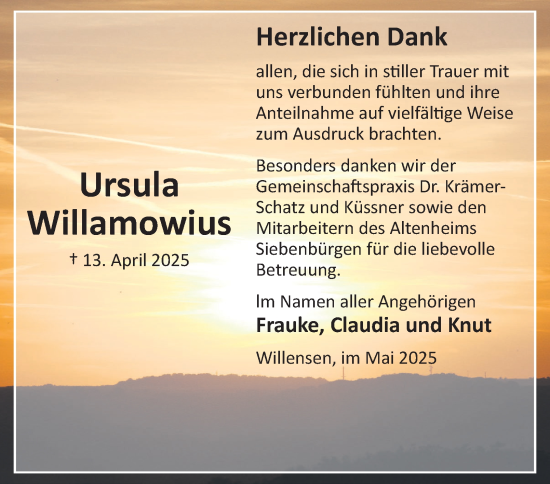 Traueranzeige von Ursula Willamowius von Harz Kurier