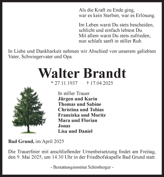 Traueranzeige von Walter Brandt von Harz Kurier