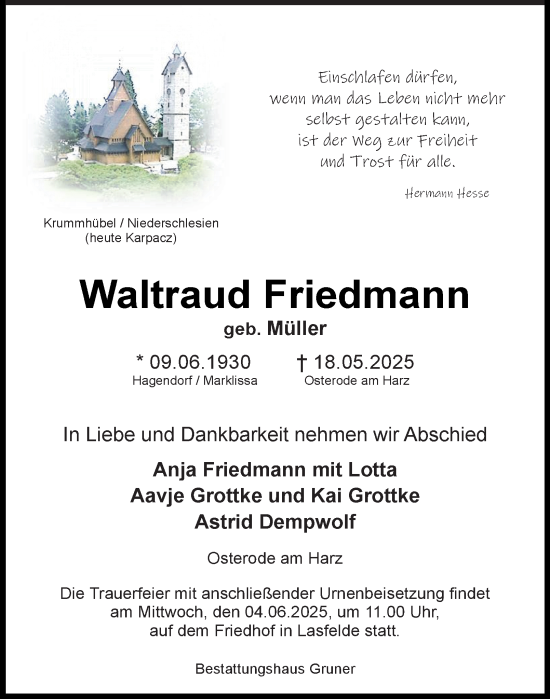Traueranzeige von Waltraud Friedmann von Harz Kurier