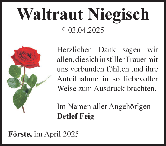 Traueranzeige von Waltraut Niegisch von Harz Kurier