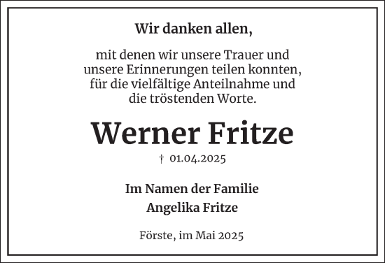 Traueranzeige von Werner Fritze von Harz Kurier