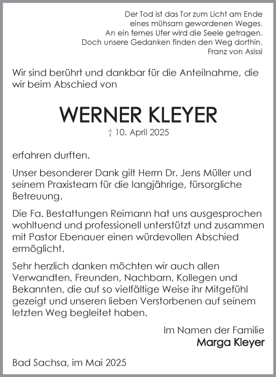Traueranzeige von Werner Kleyer von Harz Kurier