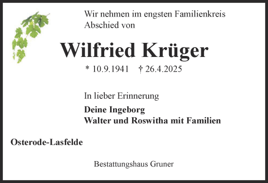 Traueranzeige von Wilfried Krüger von Harz Kurier
