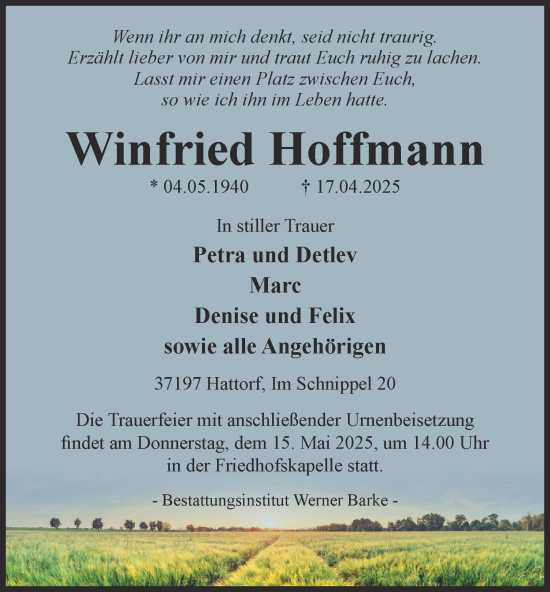 Traueranzeige von Winfried Hoffmann von Harz Kurier