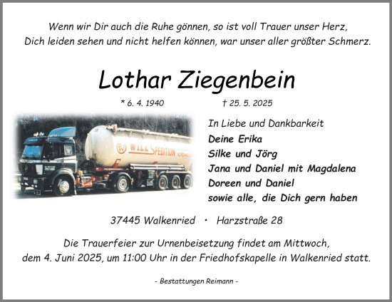 Traueranzeige von Lothar Ziegenbein von  Harz Kurier