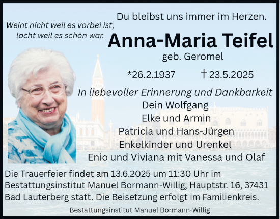 Traueranzeige von Anna-Maria Teifel von Harz Kurier