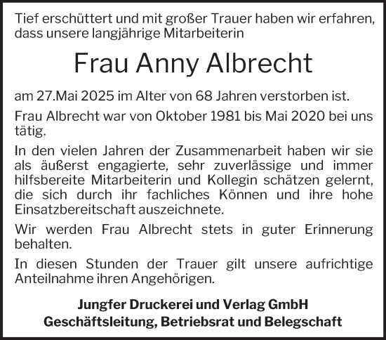 Traueranzeige von Anny Albrecht von Harz Kurier