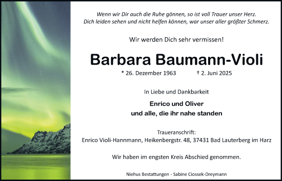 Traueranzeige von Barbara Baumann-Violi von Harz Kurier