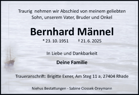 Traueranzeige von Bernhard Männel von Harz Kurier