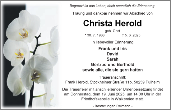 Traueranzeige von Christa Herold von Harz Kurier