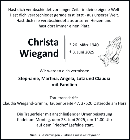 Traueranzeige von Christa Wiegand von Harz Kurier