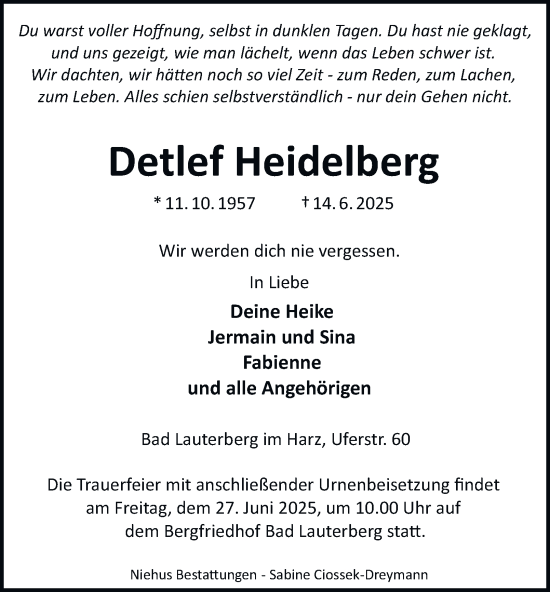 Traueranzeige von Detlef Heidelberg von Harz Kurier