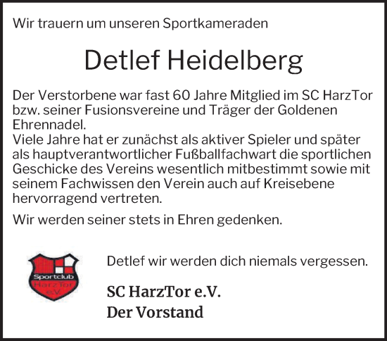 Traueranzeige von Detlef Heidelberg von Harz Kurier