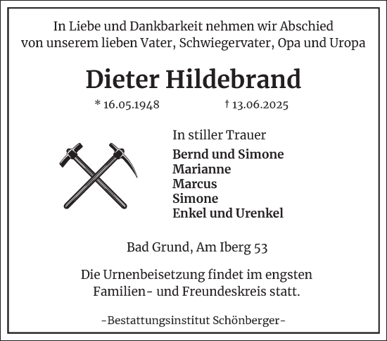 Traueranzeige von Dieter Hildebrand von Harz Kurier