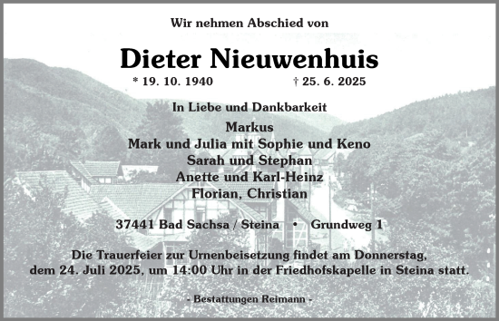 Traueranzeige von Dieter Nieuwenhuis von Harz Kurier
