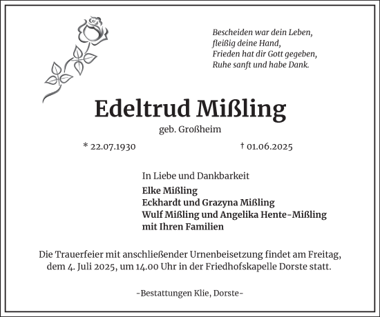 Traueranzeige von Edeltrud Mißling von Harz Kurier
