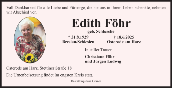 Traueranzeige von Edith Föhr von Harz Kurier