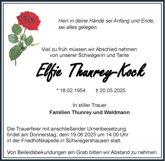 Traueranzeige von Elfie Thunrey-Kock von Harz Kurier