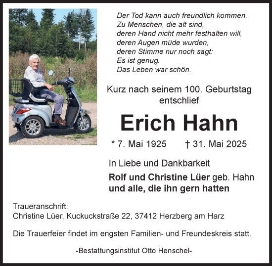 Traueranzeige von Erich Hahn von Harz Kurier