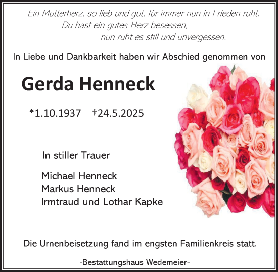 Traueranzeige von Gerda Henneck von Harz Kurier