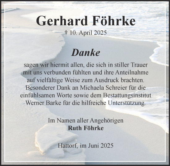 Traueranzeige von Gerhard Föhrke von Harz Kurier