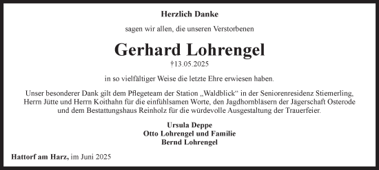 Traueranzeige von Gerhard Lohrengel von Harz Kurier